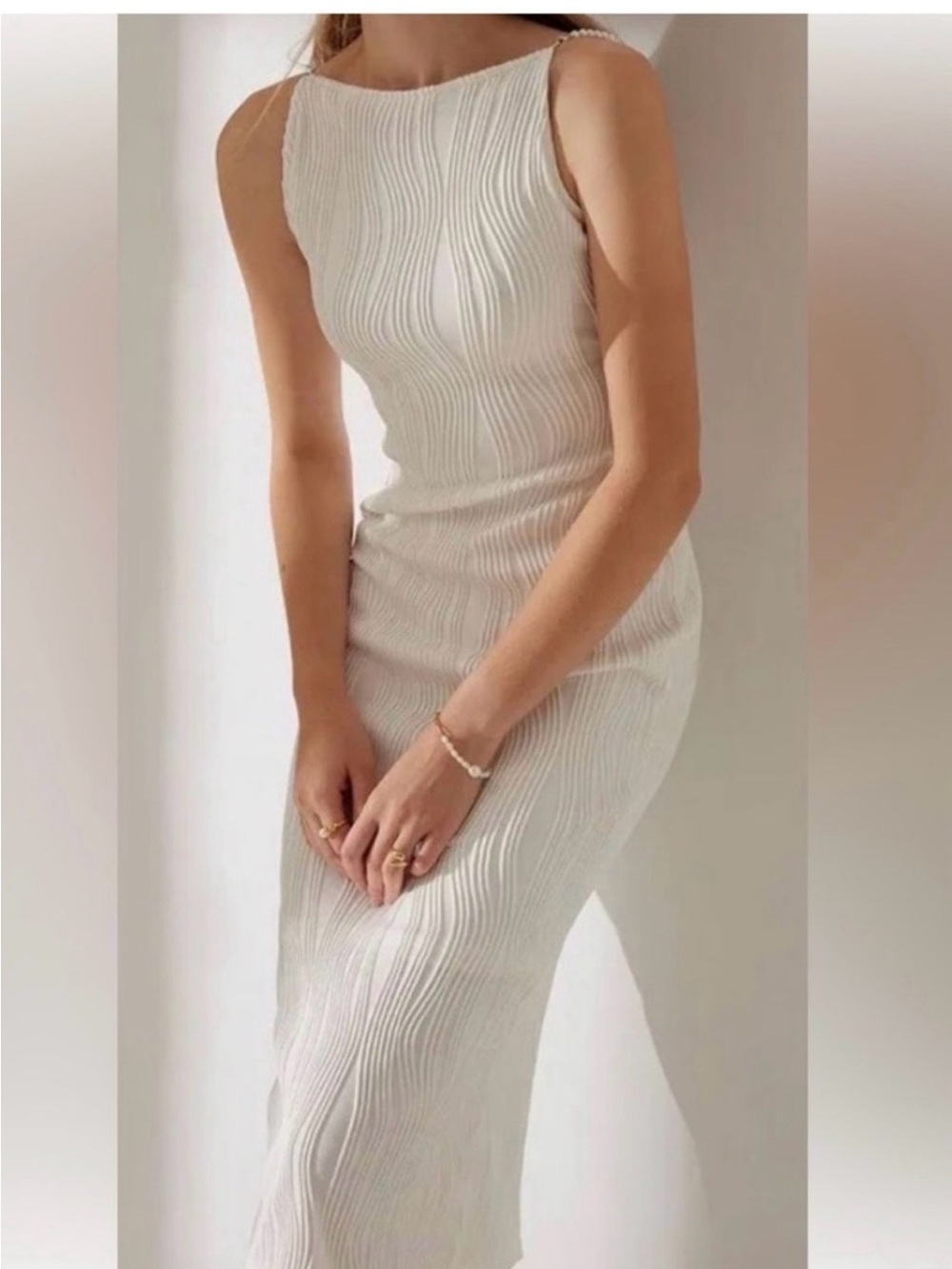 Rihoas White ribbed Midi Dress- Pearl straps